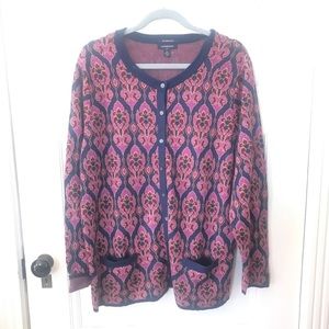 Land's End Supima Cotton Pink & Navy Blue Floral Jacquard Tunic Cardigan…